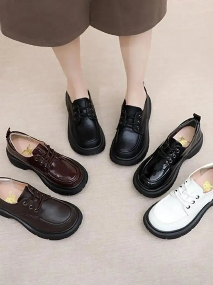 Hnzxzm New British College Style Lace-up Vintage Round Toe Pu Leather Jk Uniform Lolita Shoes Wedge Mid Heel Kawaii Sweet Girls Shoe