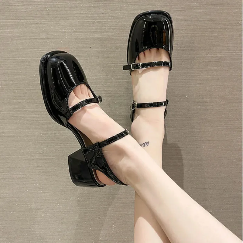 Hnzxzm New Mary Jane Shoes Buckle Pumps Women Thick Heels Elegant Shallow Square Toe Footwear Brand Fashion High Heels Women's Sandals