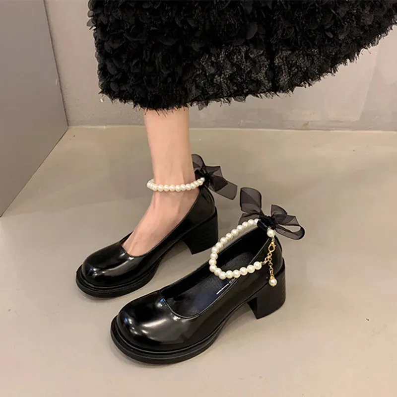 Hnzxzm Pearls High Heeled Mary Jane Shoes Bow Tie Chunky Heel Sandals Square Toe Black Fashion High Heel Sandals Women's Sandals