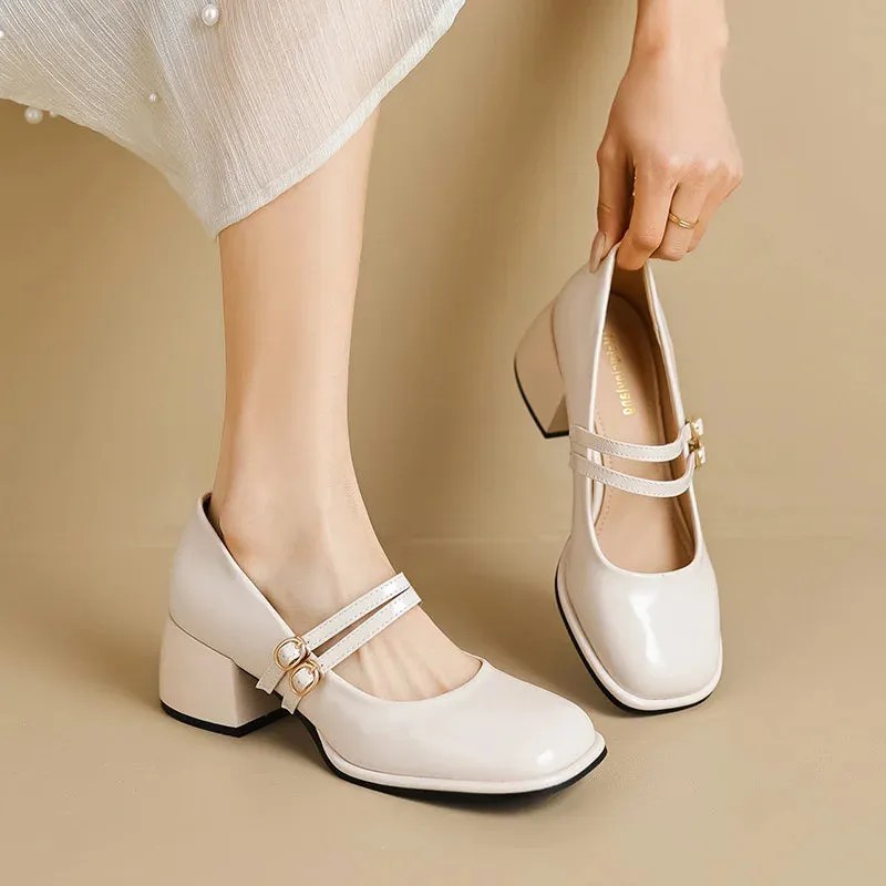 Hnzxzm Spring Women's Shoes Ladies High Heels Casual Mary Janes White Square Toe Design Career and Commuting Korean Style 41-43