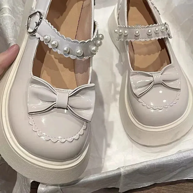 Hnzxzm Sweet Cute Bowknot Platform Mary Janes Women Round Toe Pearl Ankle Strap Lolita Shoes Woman New Patent Leather Lovely Pumps