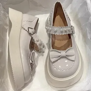 Hnzxzm Sweet Cute Bowknot Platform Mary Janes Women Round Toe Pearl Ankle Strap Lolita Shoes Woman New Patent Leather Lovely Pumps