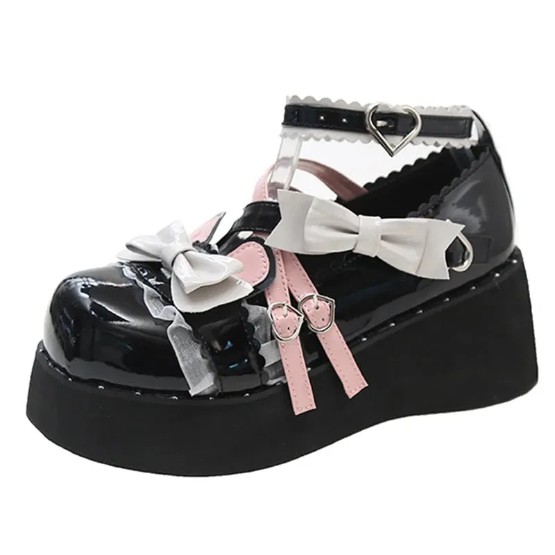 Hnzxzm Sweet Lovely Bow Lolita Shoes for Women Mix Color Ankle Strap Wedge Mary Janes Woman New Round Toe Pu Leather Cute Flats