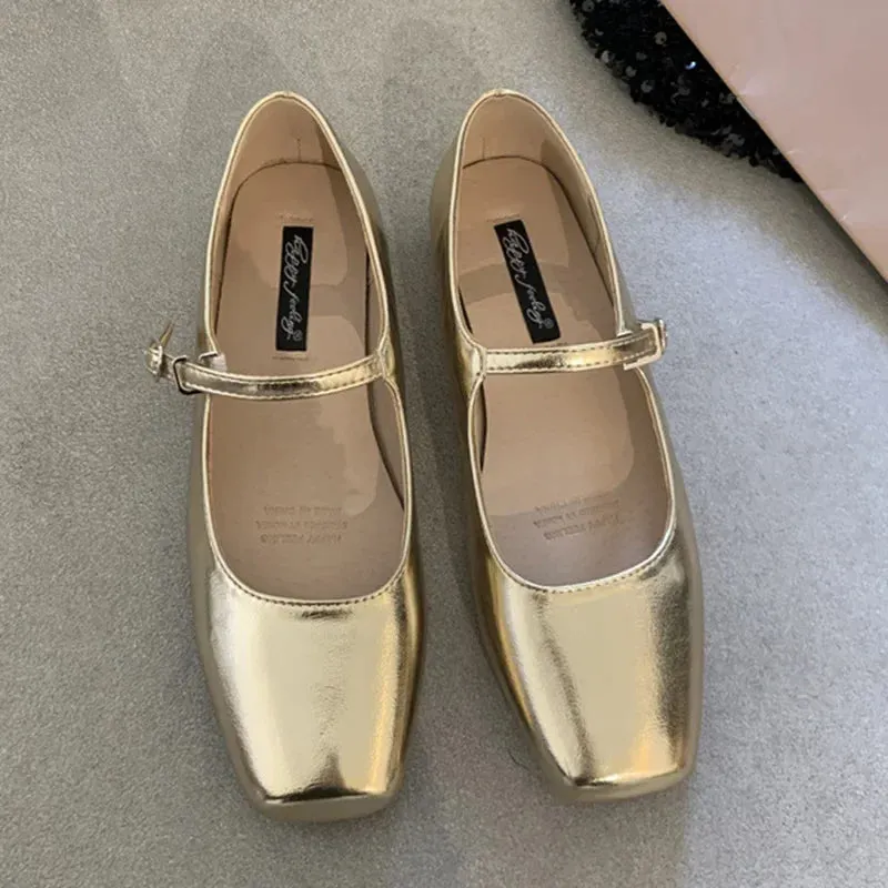 Hnzxzm Women Mary Janes Lolita Soft Flats Lady Retro Kawaii Square Toe Silver Gold Brown Leather Kawaii Elegant Church Slipony Shoes