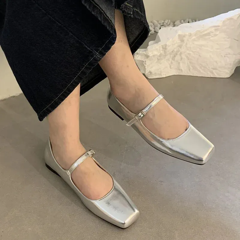 Hnzxzm Women Mary Janes Lolita Soft Flats Lady Retro Kawaii Square Toe Silver Gold Brown Leather Kawaii Elegant Church Slipony Shoes