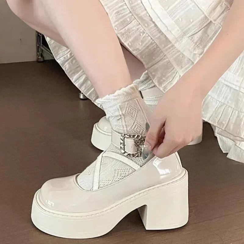 Hnzxzm Women's Chunky Heel Mary Janes Shoes Spring Round Toe Pumps Platform Shoes for Women Dress Students Women's Lolita Heeled Shoes