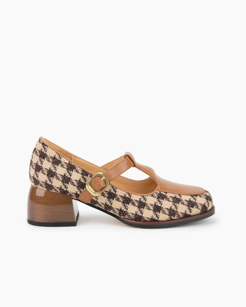 Houndstooth Chunky Block Heel Mary Janes Pumps