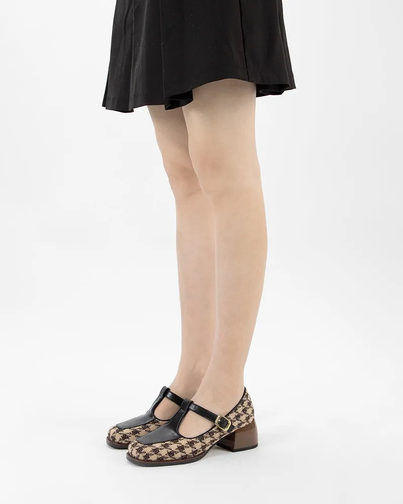 Houndstooth Chunky Block Heel Mary Janes Pumps