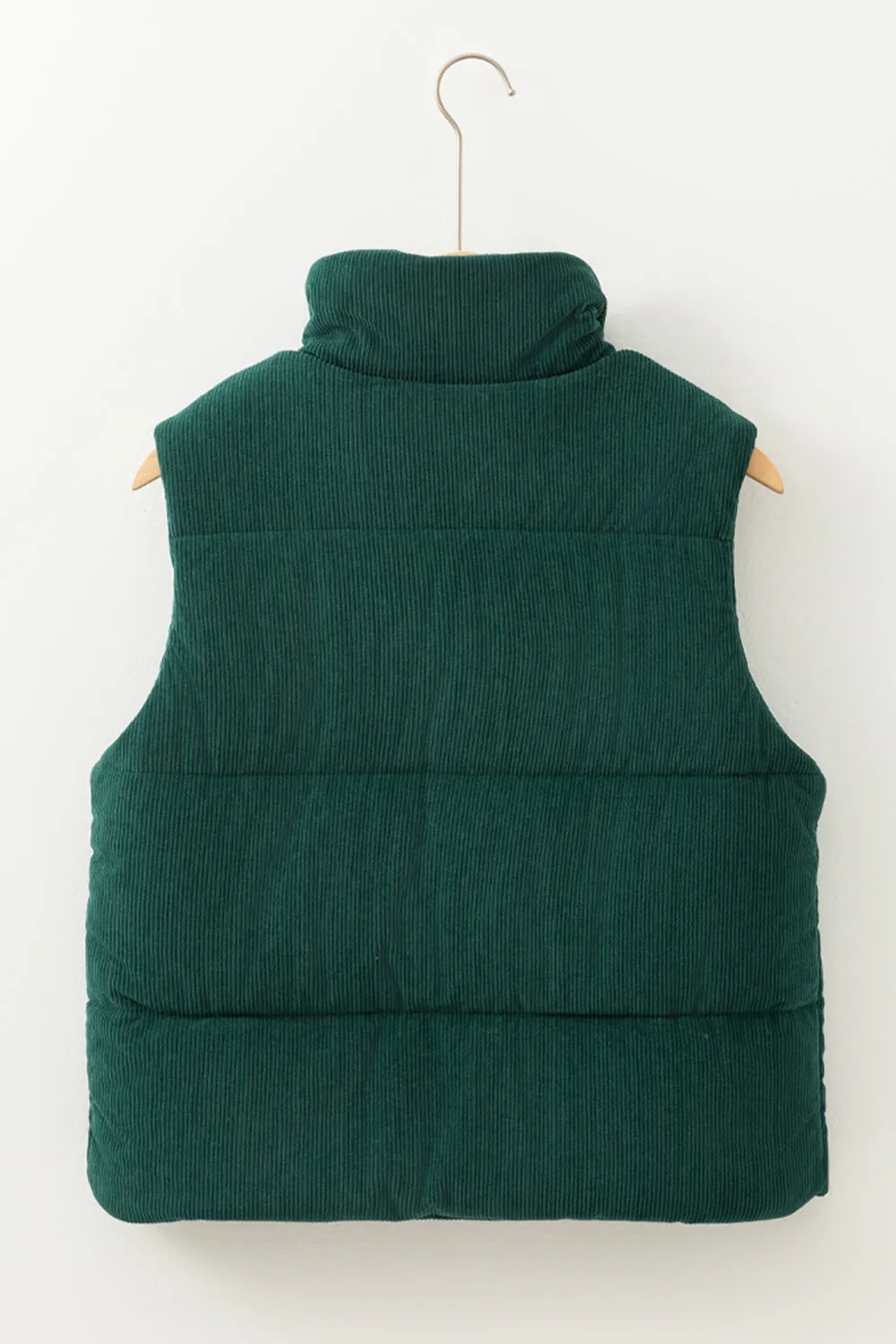 Jungle Green Corduroy Stand Neck Zipped Puffer Vest