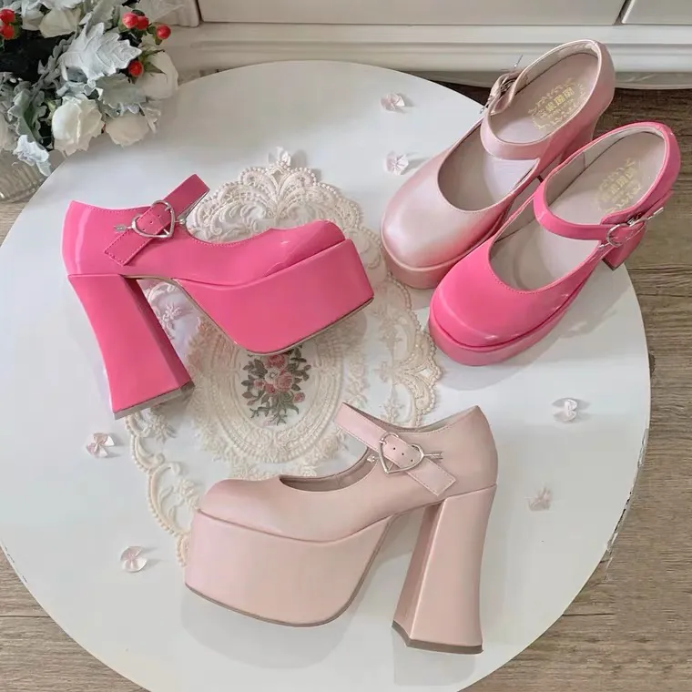 Kawaii Aesthetic Heart Buckle Sweet Lolita Shoes Heels