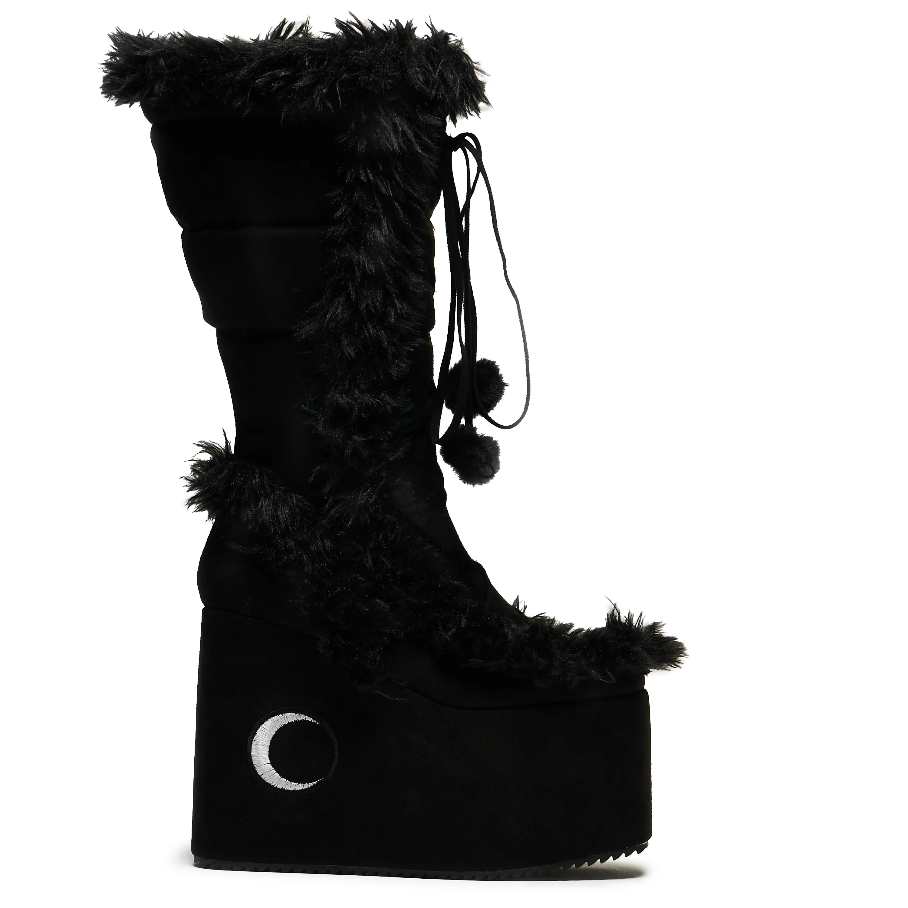 La Push Crescent Platform Faux Fur Long Boots - Black