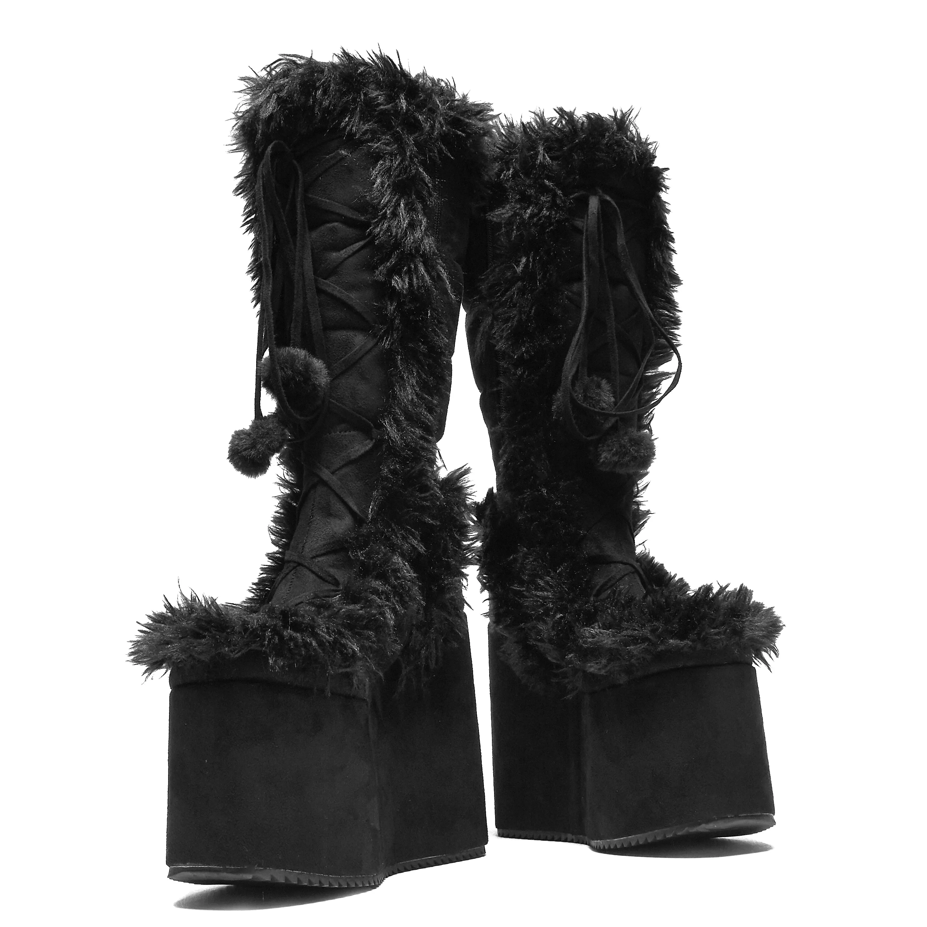 La Push Crescent Platform Faux Fur Long Boots - Black