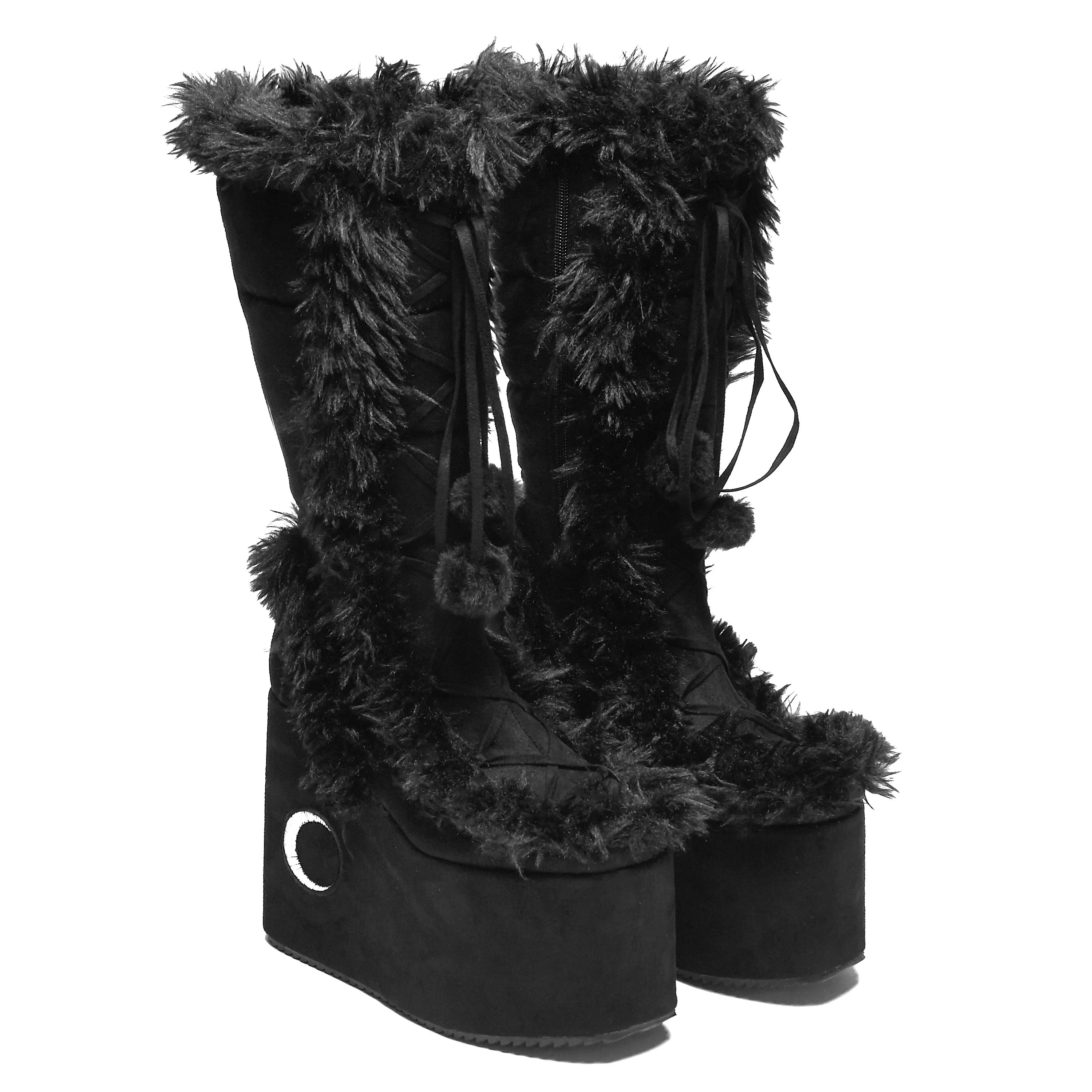 La Push Crescent Platform Faux Fur Long Boots - Black