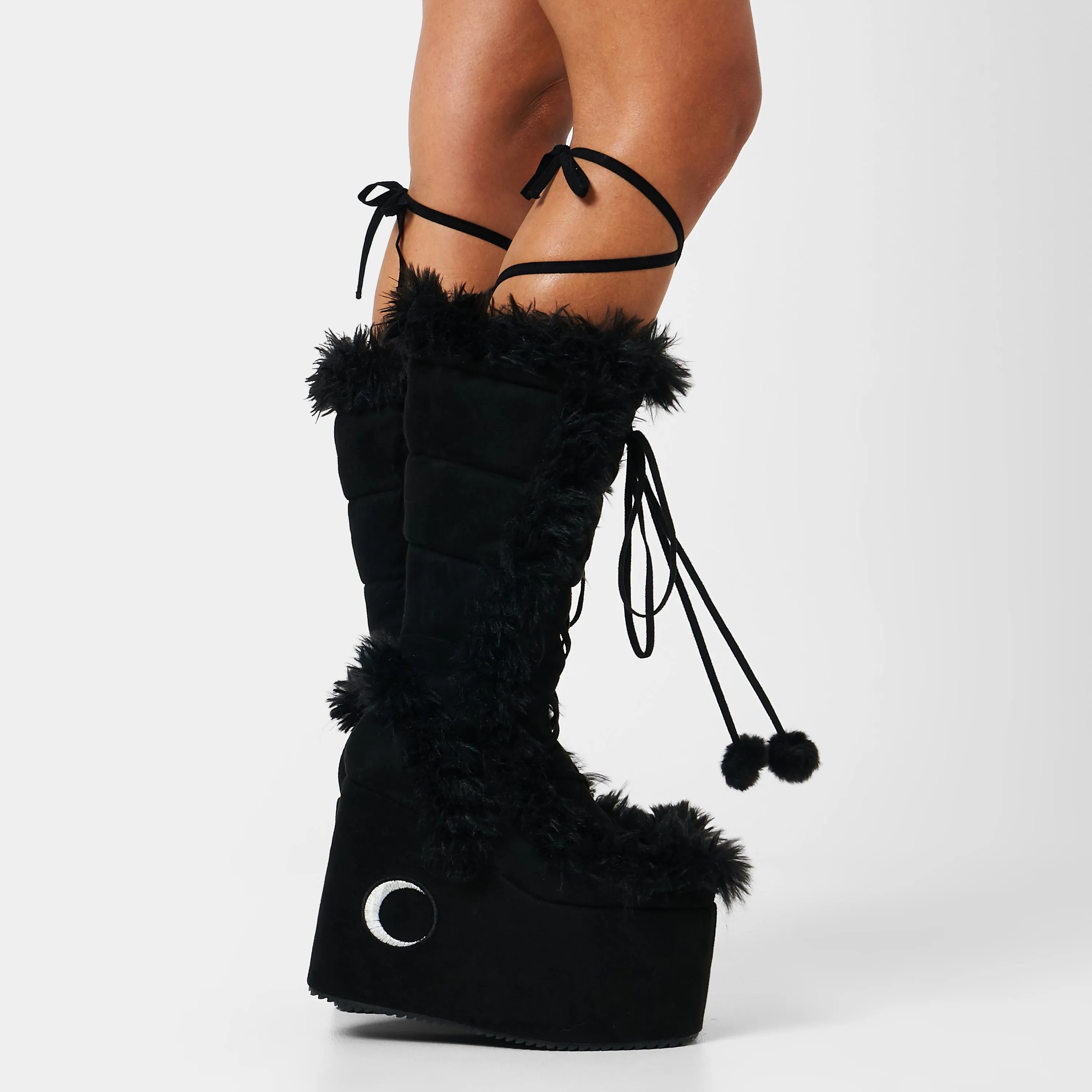 La Push Crescent Platform Faux Fur Long Boots - Black