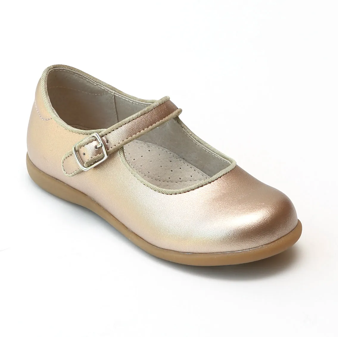 L'Amour Girls Special Occasion Leather Mary Jane Flats with Piping