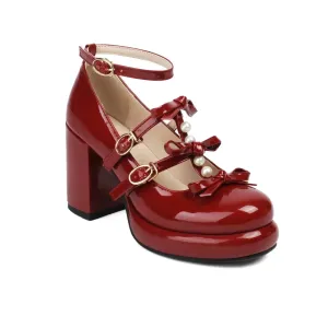 Merendy Asante High Chunky Heeled Round Toe  Platform Ankle strap Mary Jane Burgundy Pumps