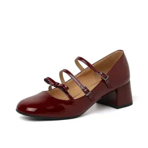 Merendy Ashanti Round toe Med Chunky Heeled Leather Burgundy Mary jane pumps