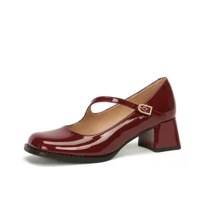 Merendy Masai Round Toe Chunky Heels Burgundy Mary Janes Pumps