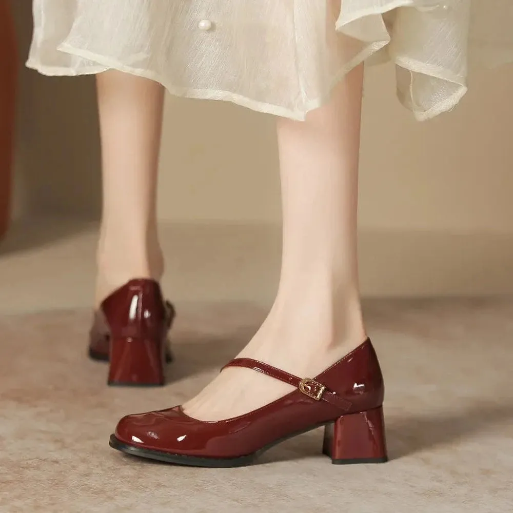 Merendy Masai Round Toe Chunky Heels Burgundy Mary Janes Pumps