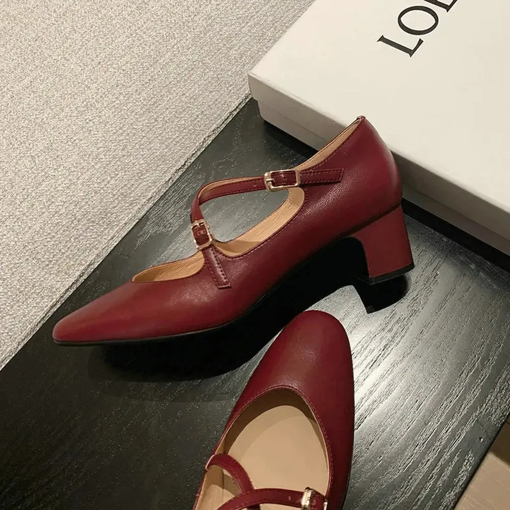 Merendy Rahma Leather Med Heels Round toe Burgundy Mary Janes Pumps