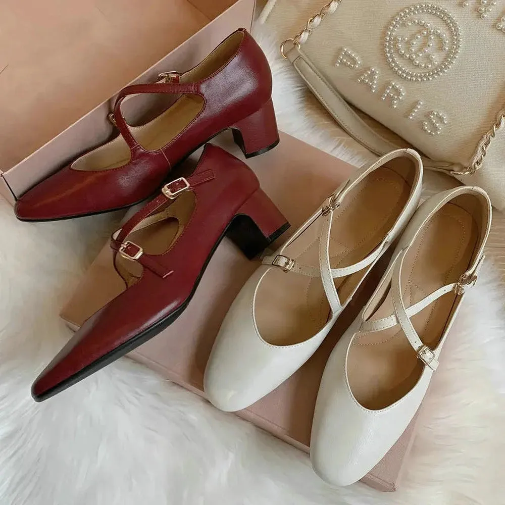 Merendy Rahma Leather Med Heels Round toe Burgundy Mary Janes Pumps