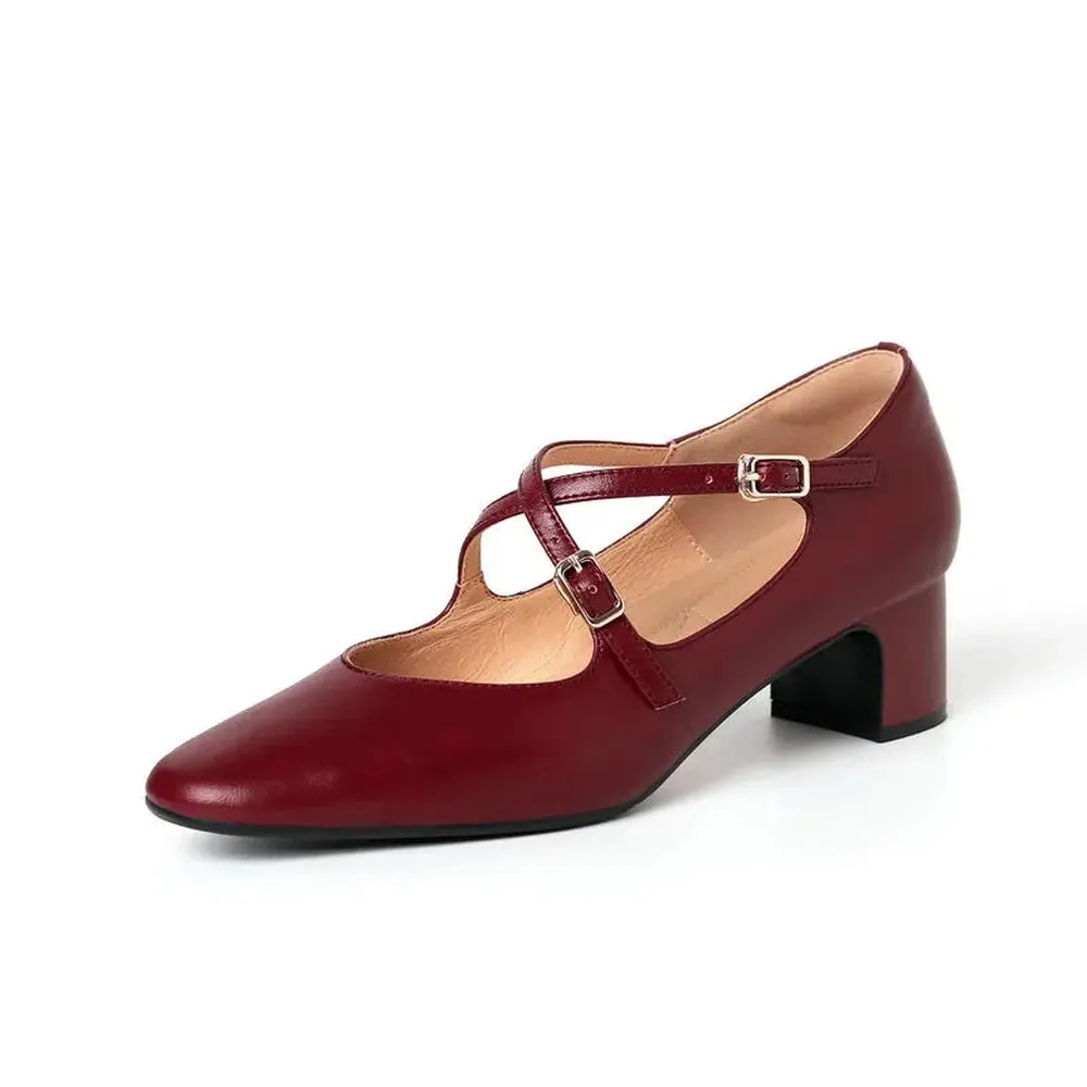 Merendy Rahma Leather Med Heels Round toe Burgundy Mary Janes Pumps