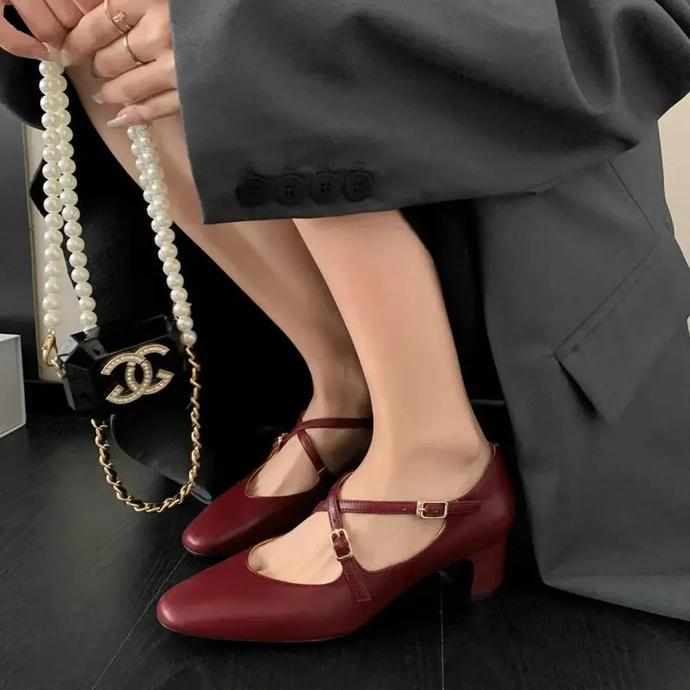 Merendy Rahma Leather Med Heels Round toe Burgundy Mary Janes Pumps