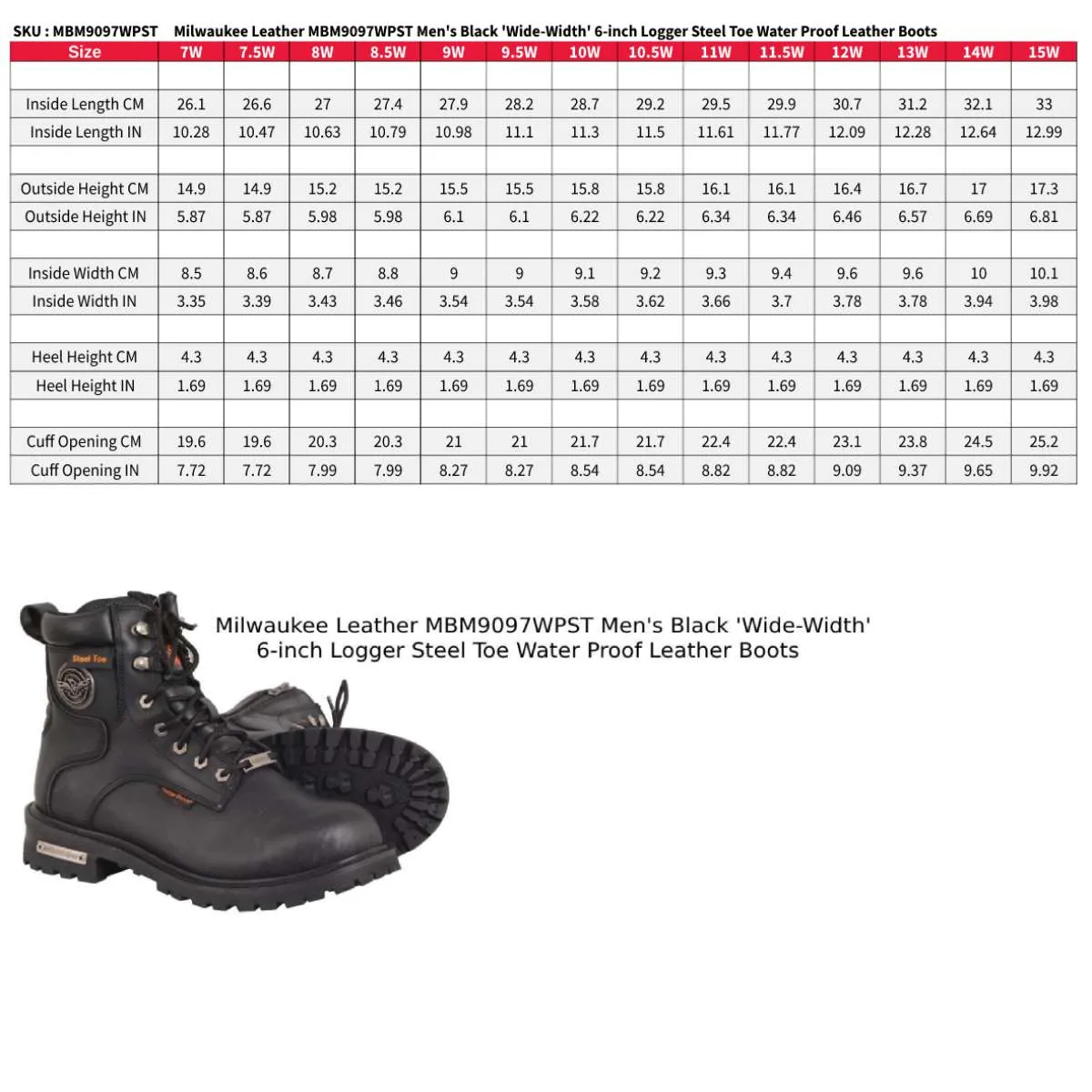 Milwaukee Leather MBM9097WPST Men's Black Wide-Width 6-inch Logger Steel Toe Water Proof Leather Boots