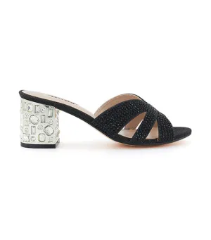 Mirrored Jeweled Heel Mid Mule Black