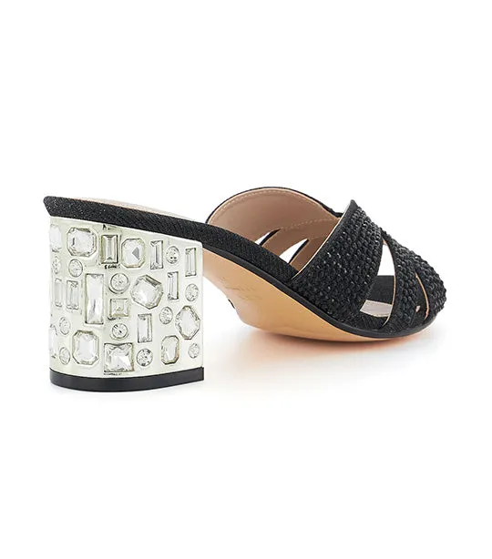 Mirrored Jeweled Heel Mid Mule Black