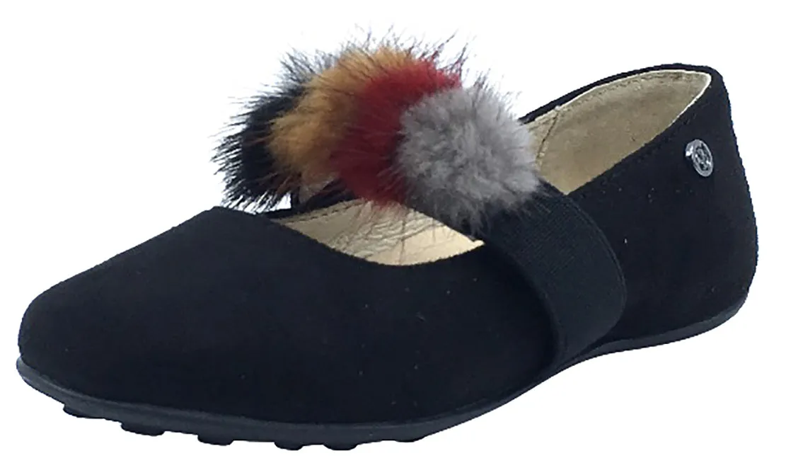 Naturino Girl's Faux Fur Pom Pom Slip-On Elastic Band Mary Jane Flat, Black Suede