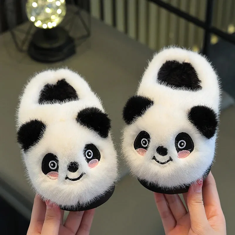 New Winter Warm Cute Cartoon Panda Indoor Mule Soft Non-slip Kids Fluffy Slippers For Boys And Girls Children Home Cotton Shoes