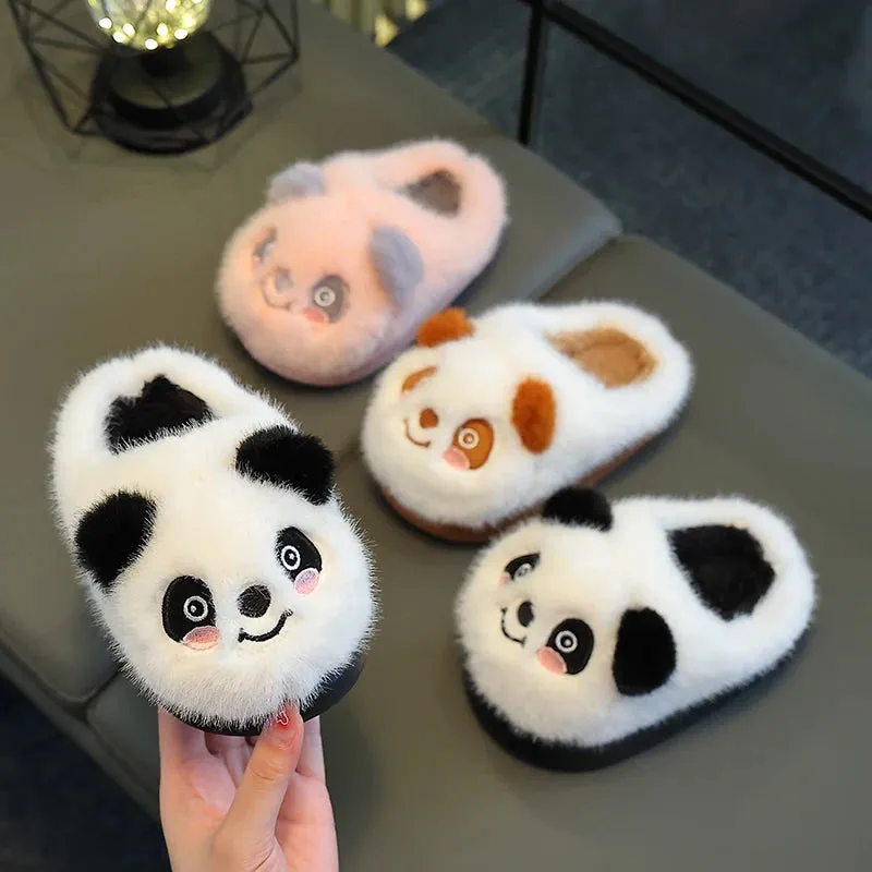 New Winter Warm Cute Cartoon Panda Indoor Mule Soft Non-slip Kids Fluffy Slippers For Boys And Girls Children Home Cotton Shoes