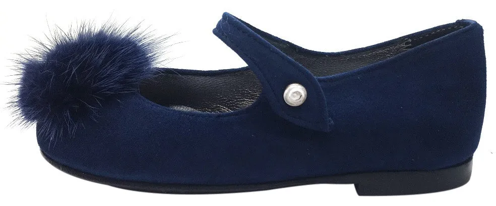 Papanatas by Eli Girl's Soft Suede Royal Navy Blue Gem Pom Pom Mary Janes Button Flats