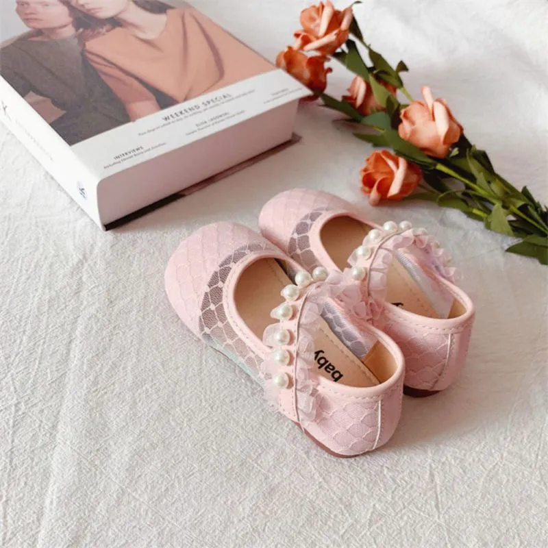 Pearl leather lace shoes for little girls