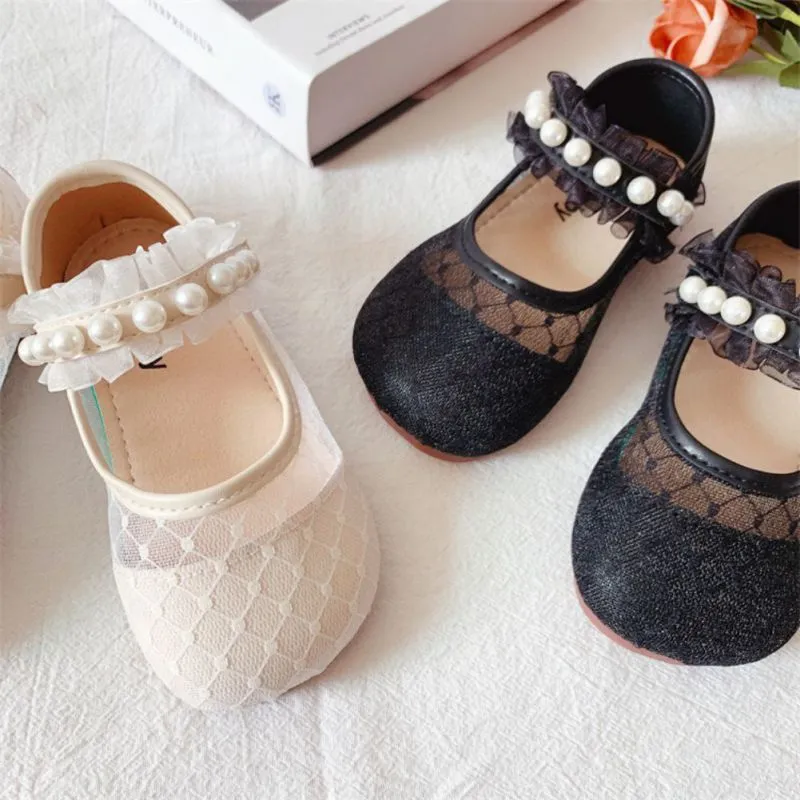 Pearl leather lace shoes for little girls