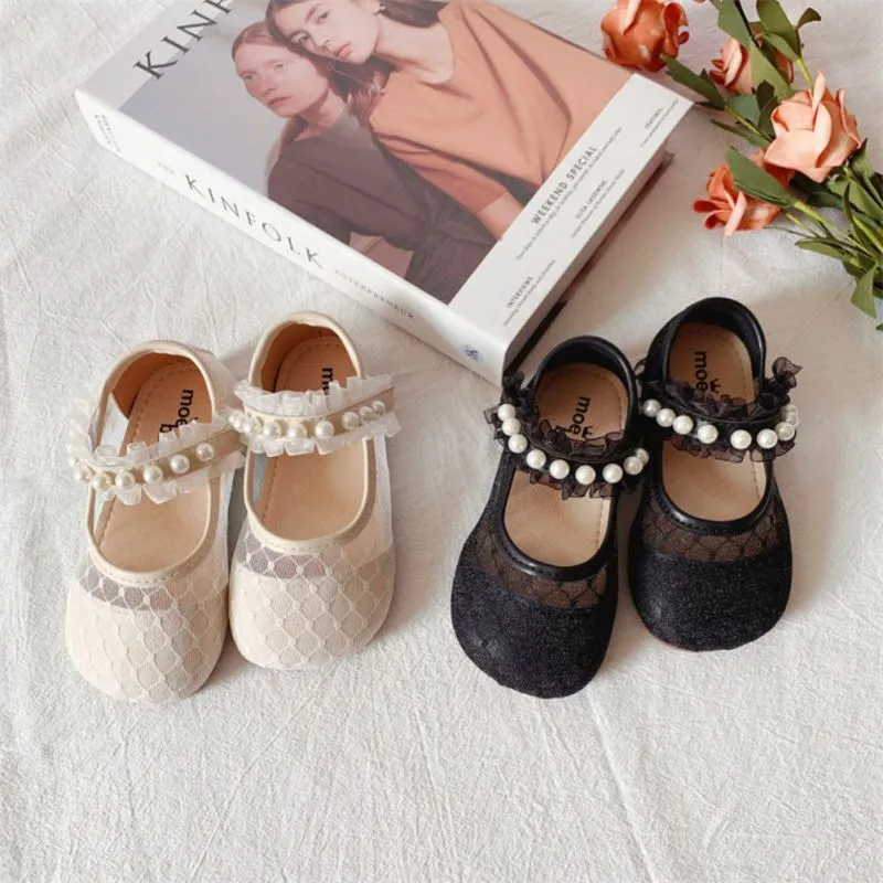 Pearl leather lace shoes for little girls