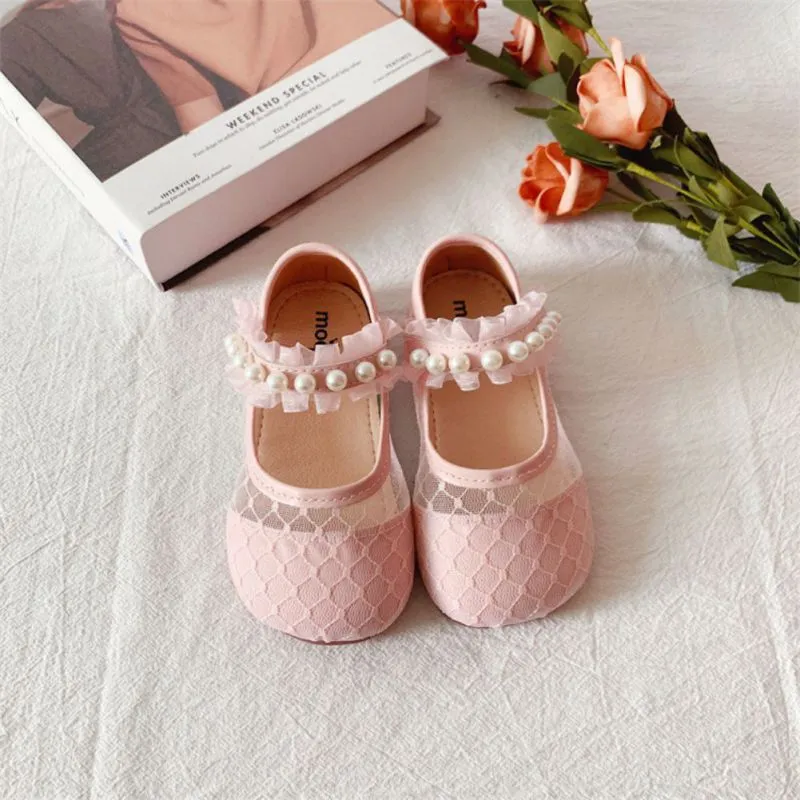 Pearl leather lace shoes for little girls