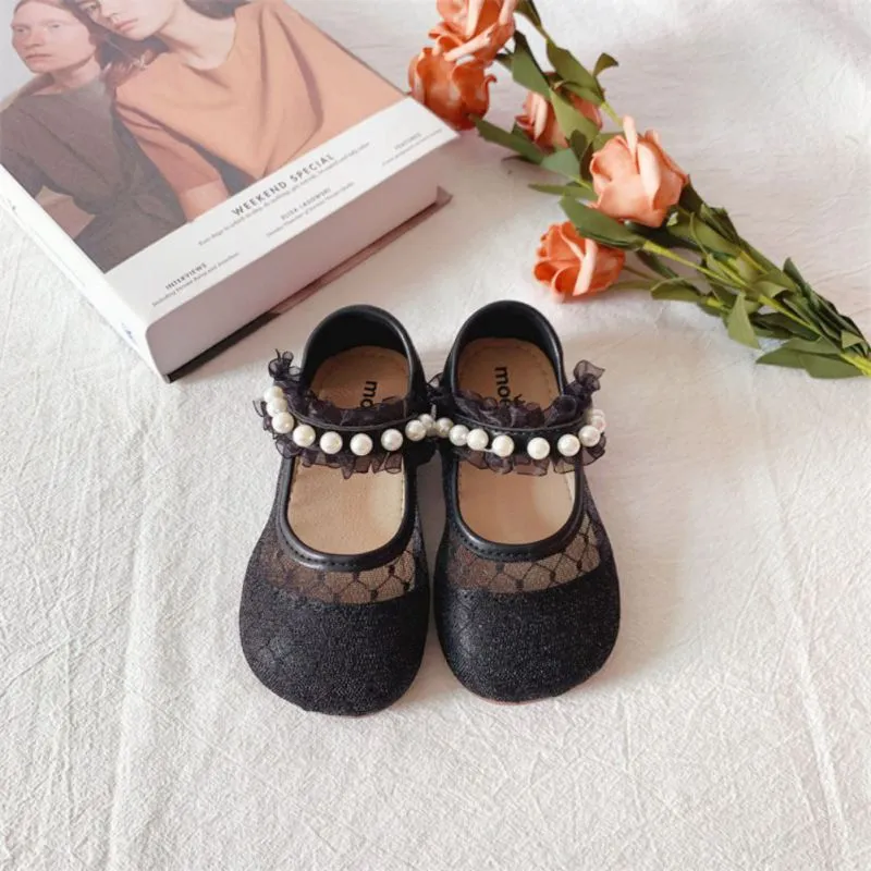 Pearl leather lace shoes for little girls