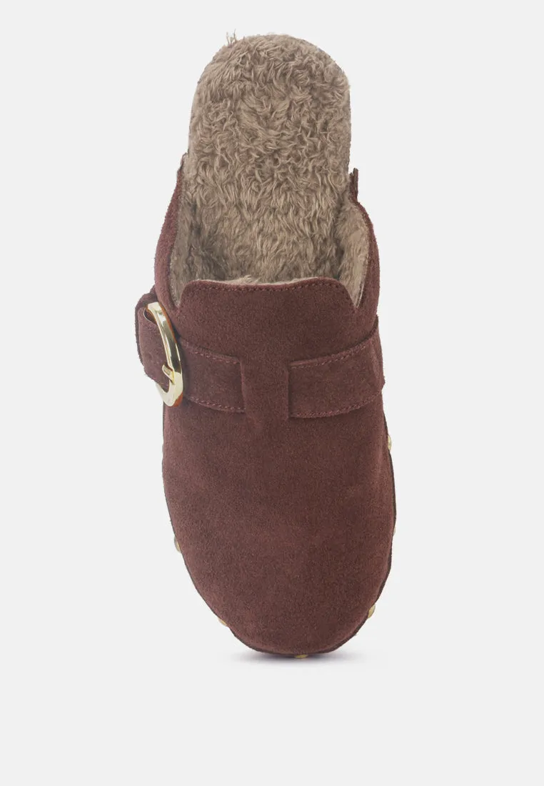 Prunus Buckled Suede Round Toe Mule Clogs