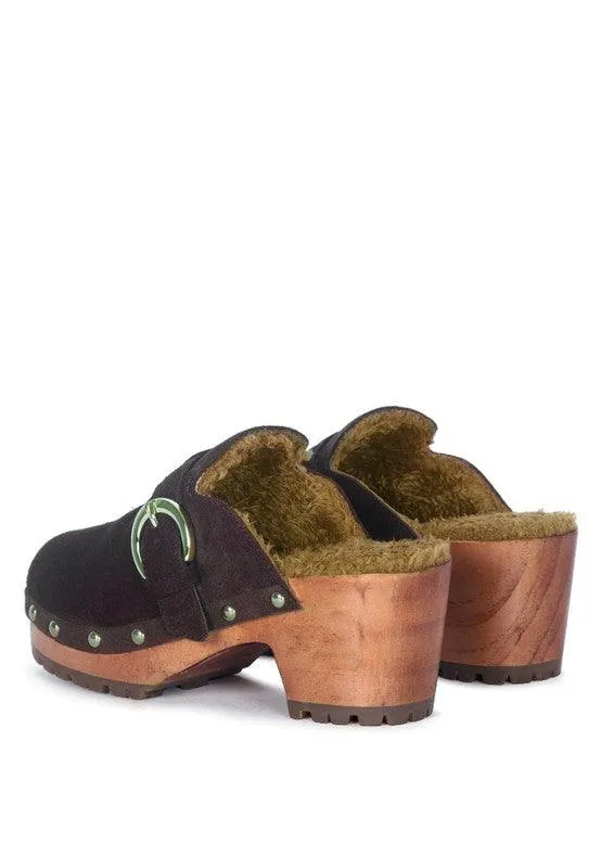 Prunus Buckled Suede Round Toe Mule Clogs