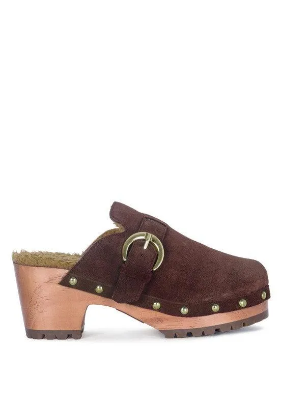 Prunus Buckled Suede Round Toe Mule Clogs