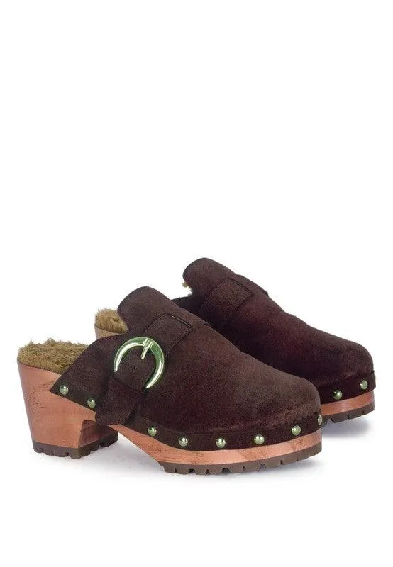 Prunus Buckled Suede Round Toe Mule Clogs