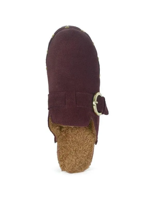 Prunus Buckled Suede Round Toe Mule Clogs