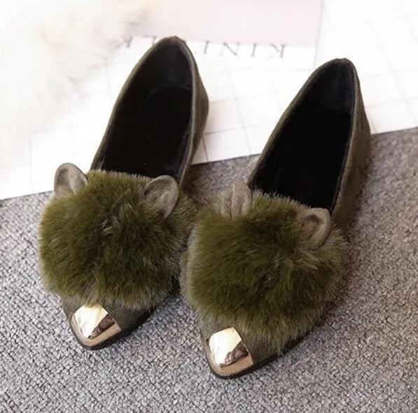 rabbit ears fur loafers women metal ladies shoes