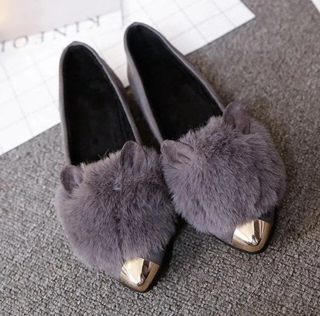 rabbit ears fur loafers women metal ladies shoes