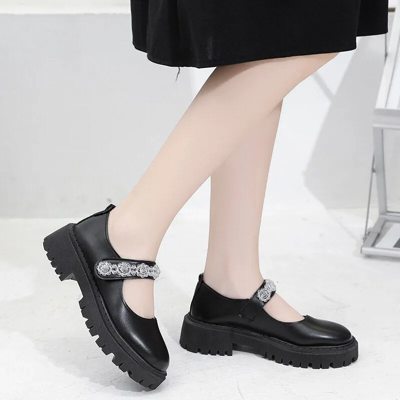 Rimocy Shining Crystal Women's Mary Janes Shoes  Spring Pu Leather Flat Shoes Woman Med Heels Non-slip Platform Casual Shoes