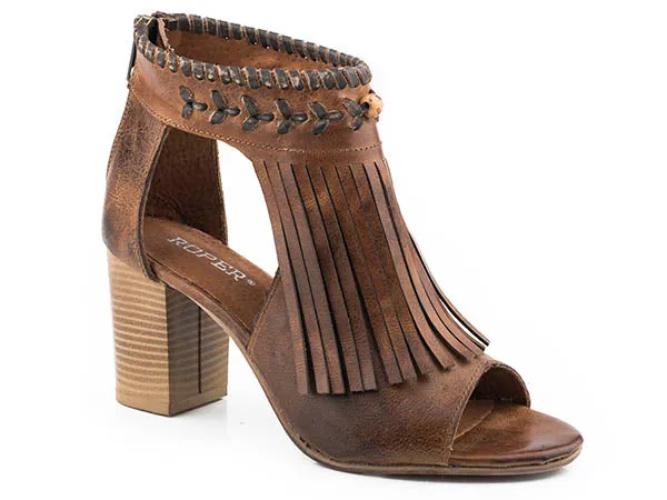 Roper Ladies Vintage Tan Fringe Open Toe Mule Heels 09-021-0946-2902