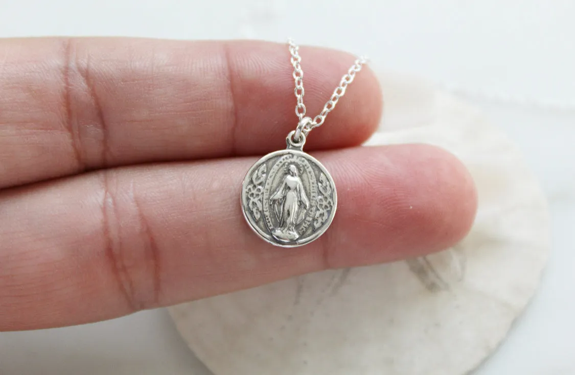 Round Miraculous Medal in Oxidized 925 Sterling Silver