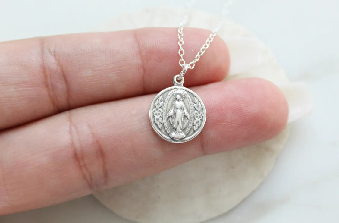 Round Miraculous Medal in Oxidized 925 Sterling Silver